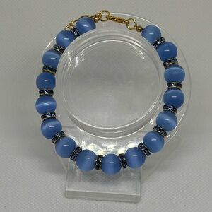 Handmade Gold Wire Bracelet with Sapphire Cat’s Eye and Rhinestone Beads